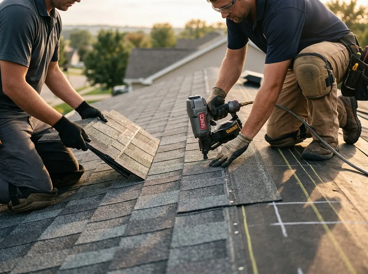 Professional roofer working on a residential roof in New London